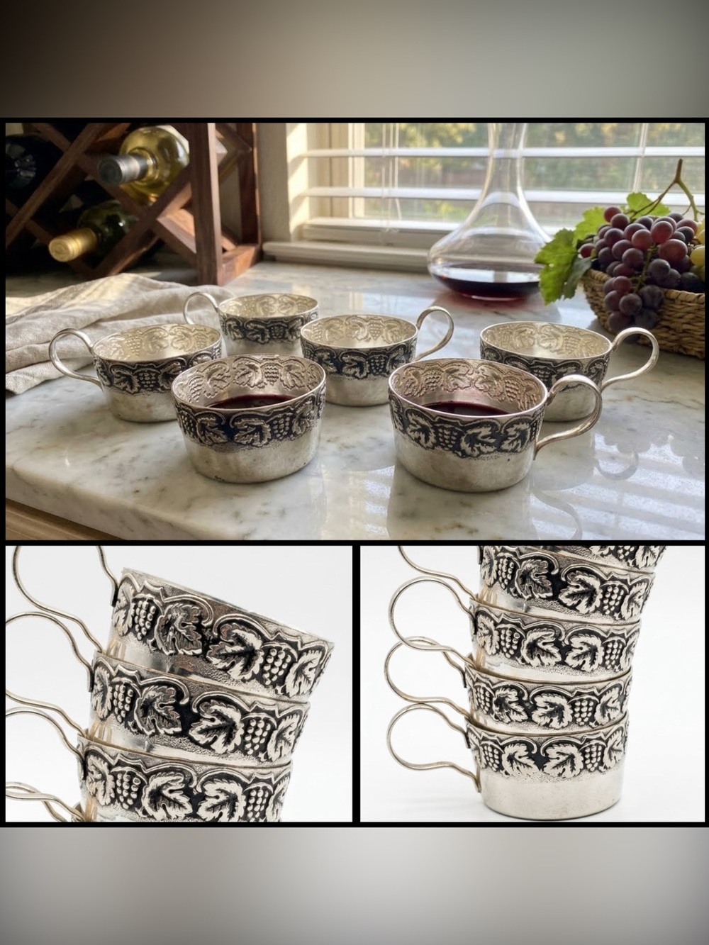Vintage Barware Grapevine Repoussé Silver-Plated Tastevin Punch Cups Set of 5